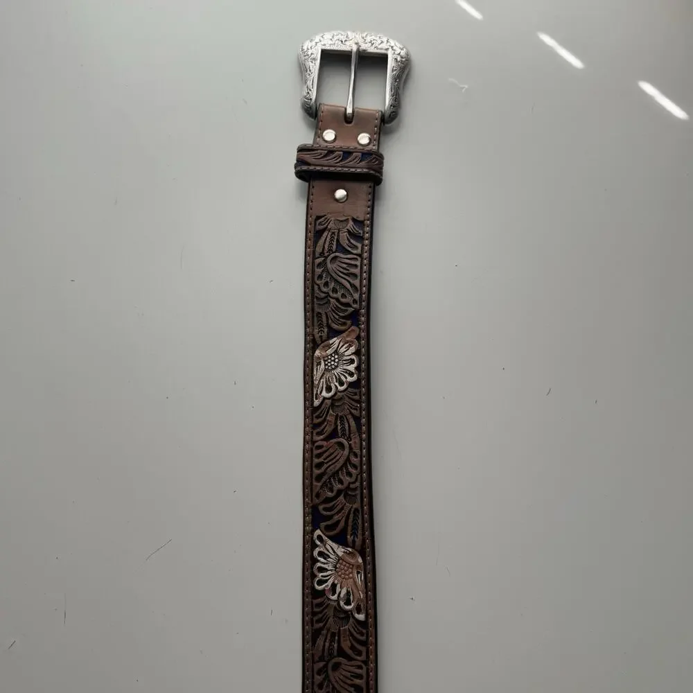 Nocona Leather Belt Mens Size 46 Floral Tooled Brown Leather Silver Filligree